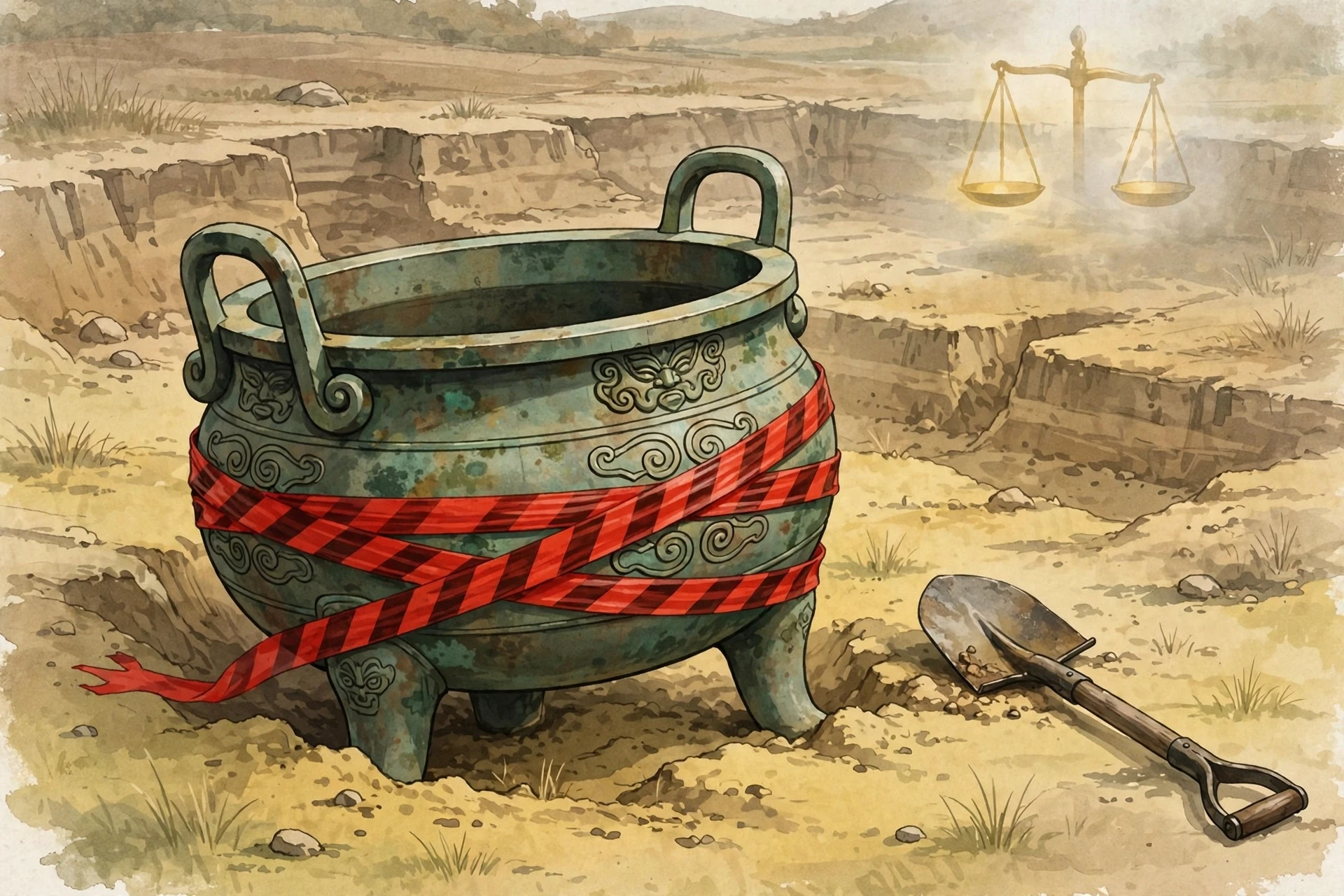 青铜鼎缠绕红色警戒线概念插画：地下文物归属与文物犯罪的法律边界