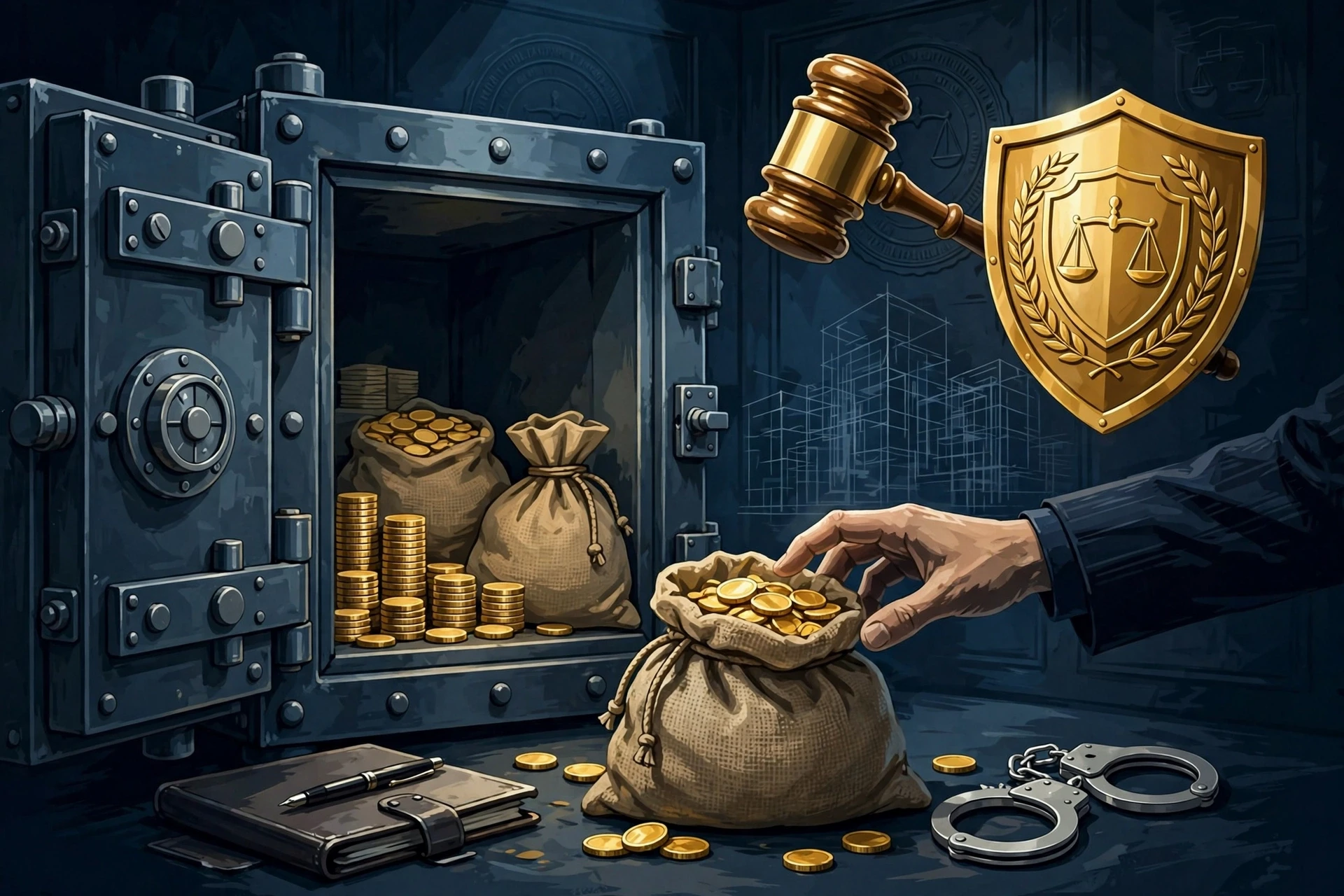 职务侵占罪:悄悄伸向公司保险库和钱袋的手,身旁是金色法槌盾牌与手铐 职务侵占罪:悄悄伸向公司保险库和钱袋的手,身旁是金色法槌盾牌与手铐