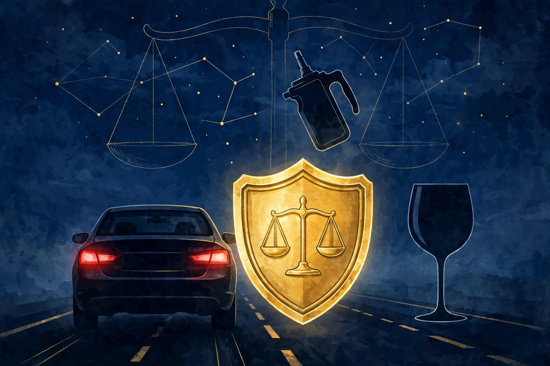 午夜高速上亮起刹车灯的汽车、酒精呼气检测仪与金色法律盾牌,危险驾驶罪主题概念插画